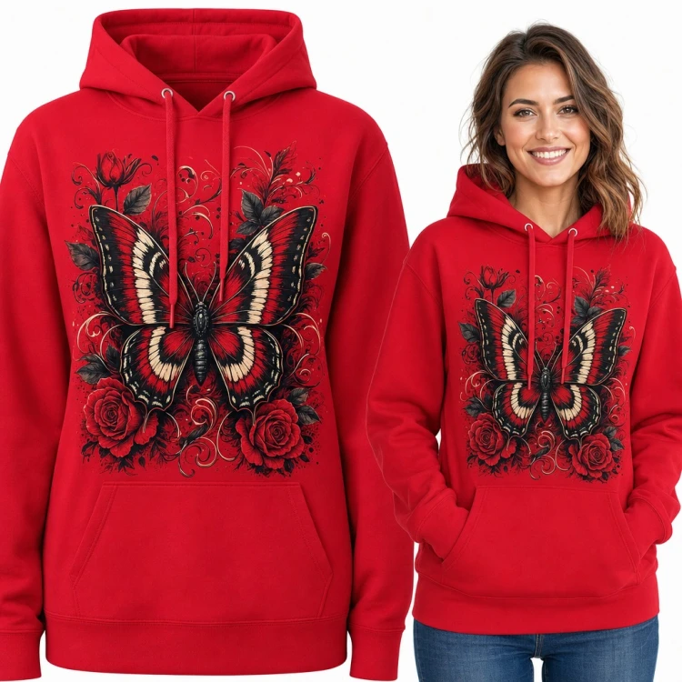 Bluza damska z kapturem - motyl wśród czerwonych róż i ornamentów