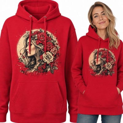 Bluza damska z kapturem - portret kobiety w wianku z czerwonych róż