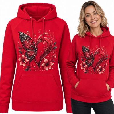 Bluza damska z kapturem - motyl i serce z ornamentem wśród kwiatów