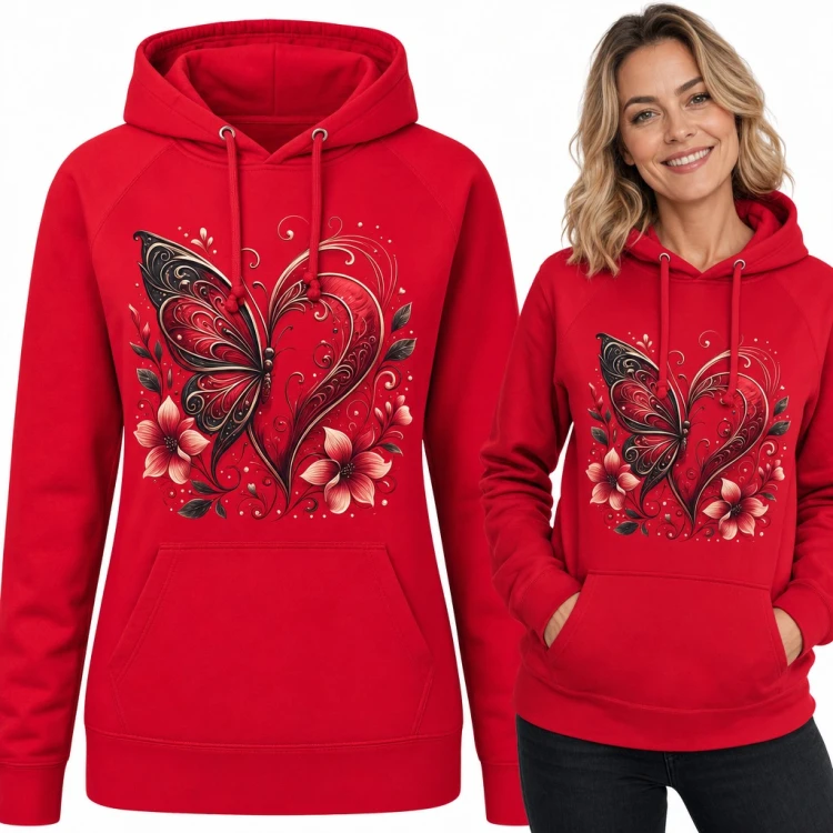 Bluza damska z kapturem - motyl i serce z ornamentem wśród kwiatów