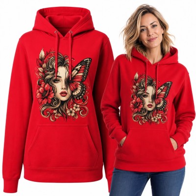 Bluza damska z kapturem - twarz kobiety z motylim skrzydłem i kwiatami