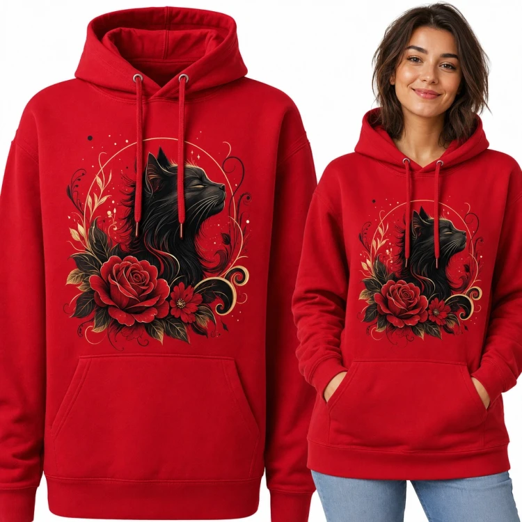 Bluza damska z kapturem - czarny kot wśród czerwonych róż i złotych ornamentów