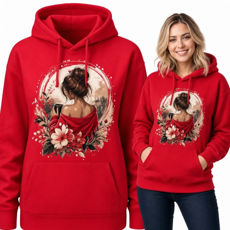 Bluza damska z kapturem - dziewczyna z kubkiem kawy wśród kwiatów