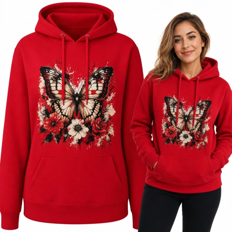 Bluza damska z kapturem - motyl wśród róż i białych kwiatów w stylu akwareli