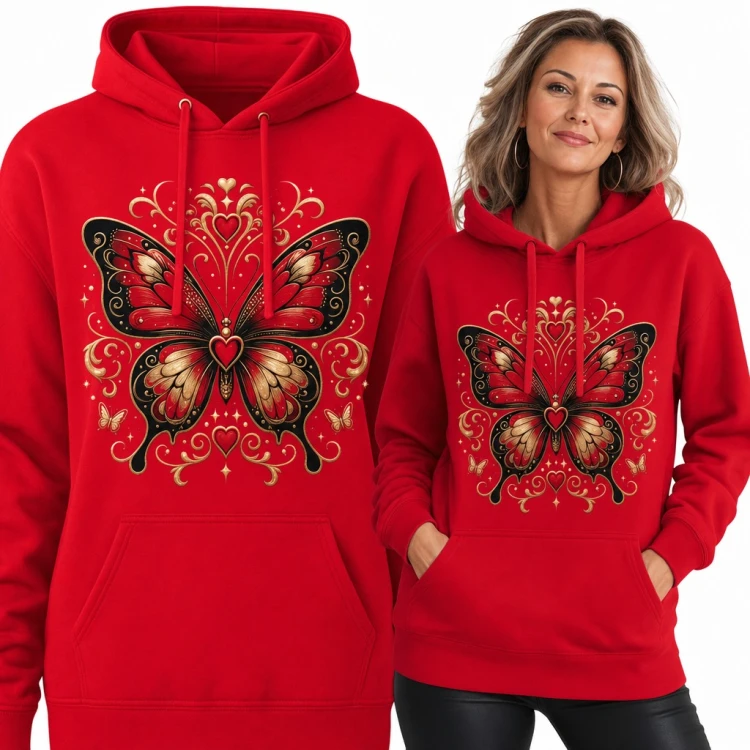 Bluza damska z kapturem - motyl z sercem i złotymi ornamentami