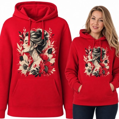 Bluza damska z kapturem - profil kobiety z kokiem wśród kwiatów