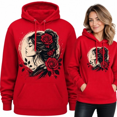 Bluza damska z kapturem - profil kobiety z czerwonymi różami we włosach