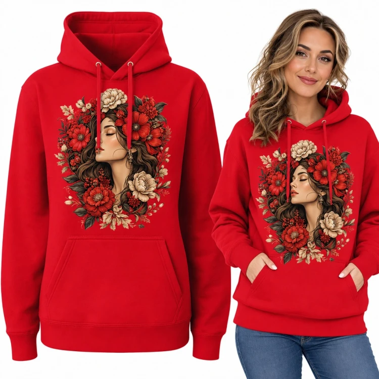 Bluza damska z kapturem - portret kobiety w wianku z czerwonych kwiatów i piwonii