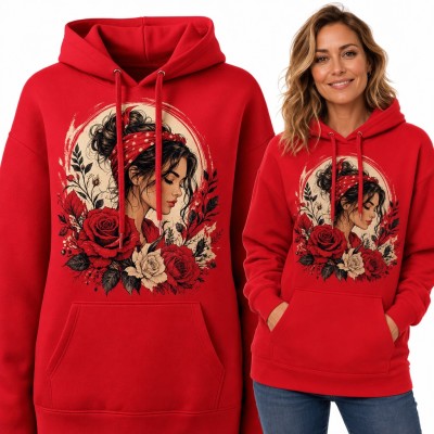 Bluza damska z kapturem - dziewczyna pin-up w chuście w kropki wśród róż