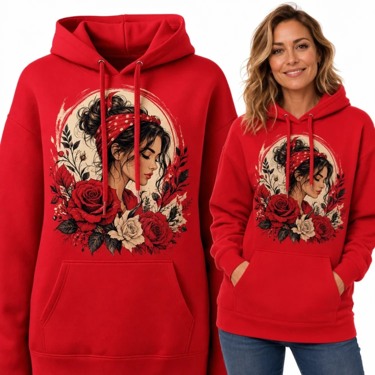 Bluza damska z kapturem - dziewczyna pin-up w chuście w kropki wśród róż