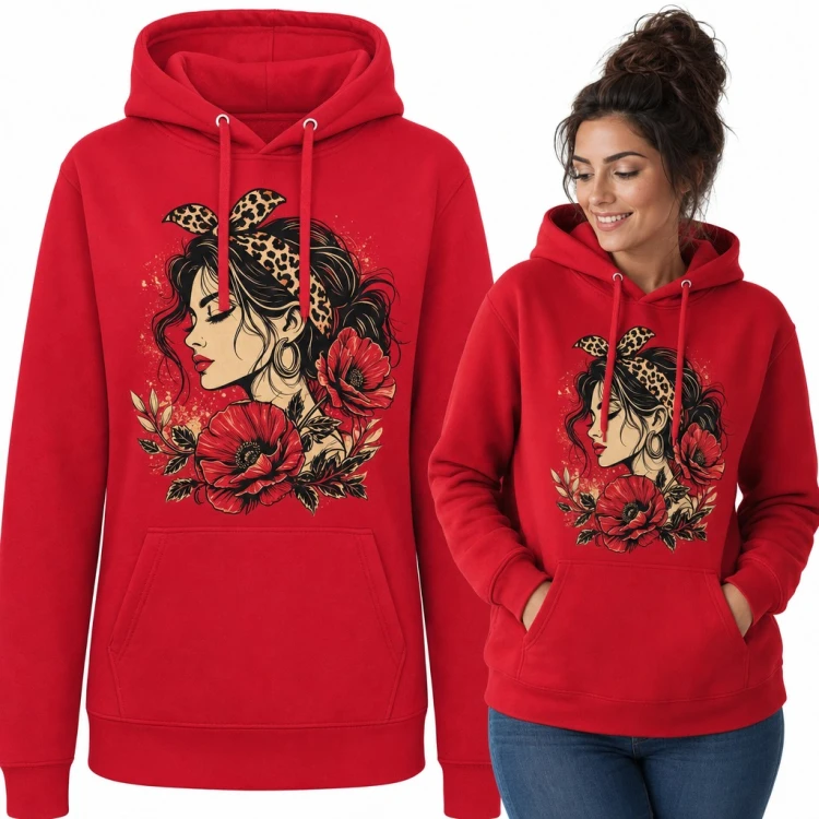 Bluza damska z kapturem - dziewczyna pin-up w panterkowej chustce i czerwone maki