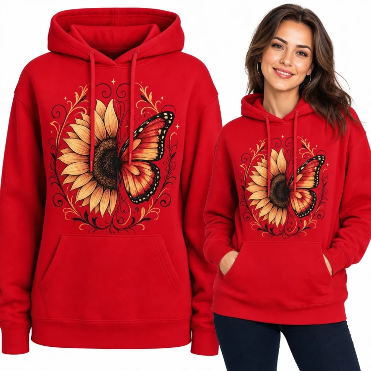 Bluza damska z kapturem - słonecznik i motyl w ornamentalnej ramie