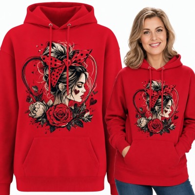 Bluza damska z kapturem - dziewczyna pin-up z kokardą w groszki, sercem i różami