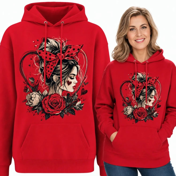 Bluza damska z kapturem - dziewczyna pin-up z kokardą w groszki, sercem i różami