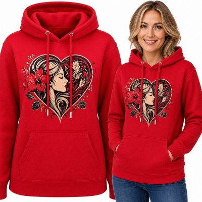 Bluza damska z kapturem - profil kobiety w sercu z kwiatem hibiskusa