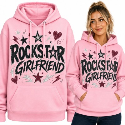 Bluza damska z kapturem - „Rockstar Girlfriend” z gwiazdkami i błyskawicami