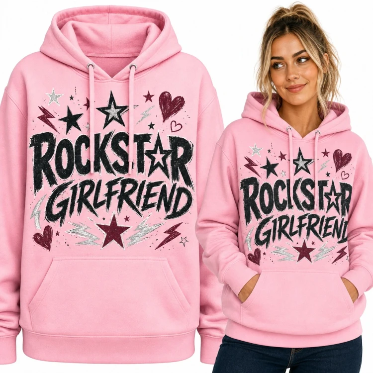 Bluza damska z kapturem - „Rockstar Girlfriend” z gwiazdkami i błyskawicami