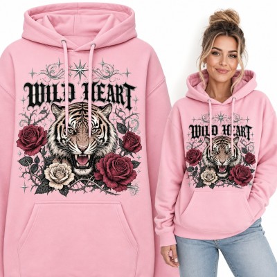 Bluza damska z kapturem - tygrys w różach z gotyckim napisem „Wild Heart”