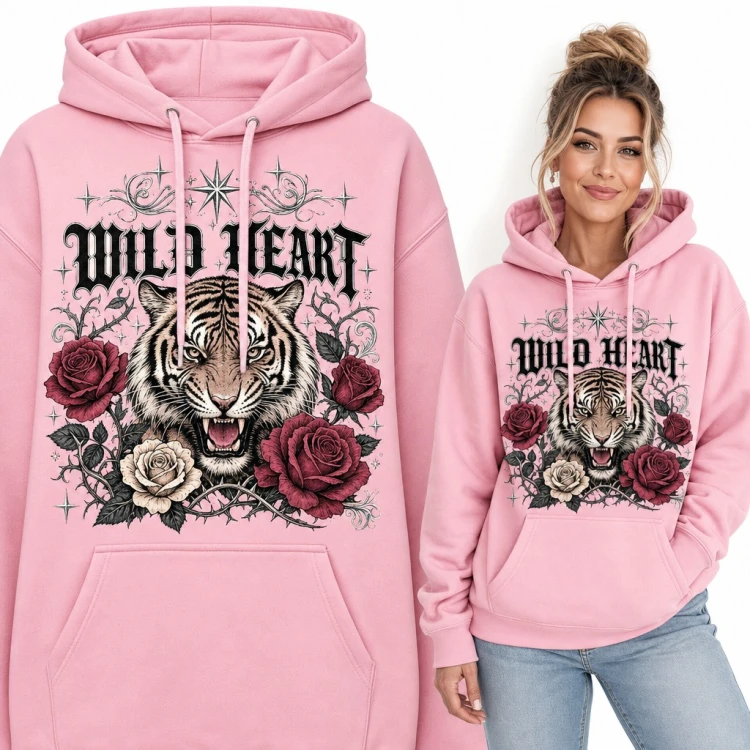 Bluza damska z kapturem - tygrys w różach z gotyckim napisem „Wild Heart”