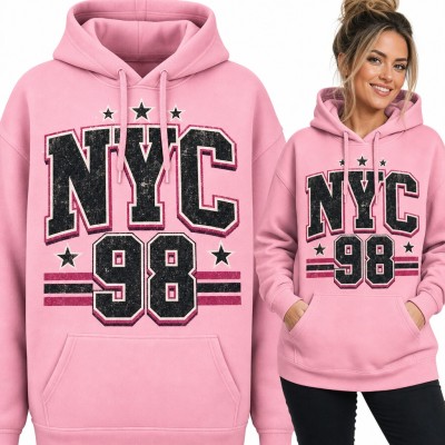Bluza damska z kapturem - „NYC 98” w stylu college z gwiazdkami