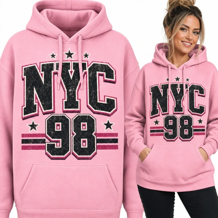 Bluza damska z kapturem - „NYC 98” w stylu college z gwiazdkami