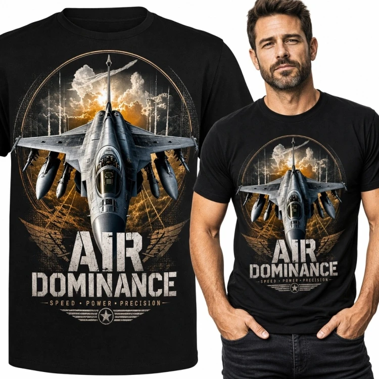 Koszulka męska z myśliwcem „Air Dominance” - motyw lotnictwa wojskowego