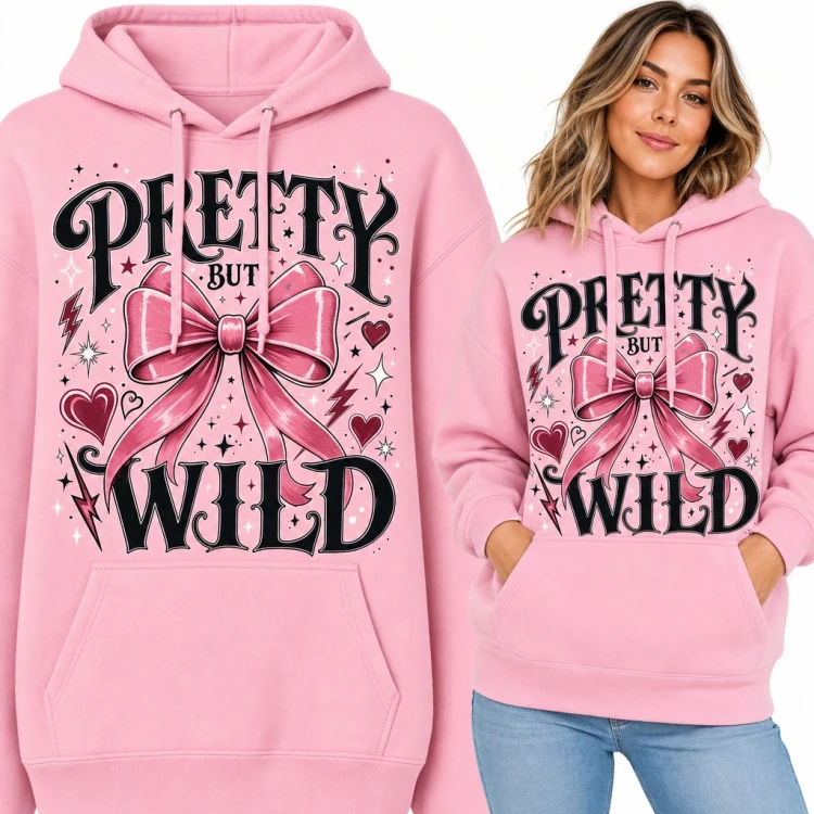 Bluza damska z kapturem „Pretty but wild” - różowa kokarda z sercami i błyskawicami