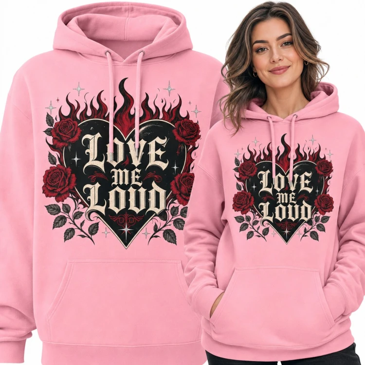 Bluza damska z kapturem - płonące czarne serce z różami i napisem „Love me loud”