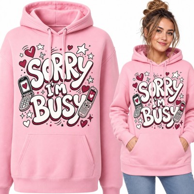 Bluza damska z kapturem - „Sorry I'm busy” z telefonami z klapką w stylu Y2K