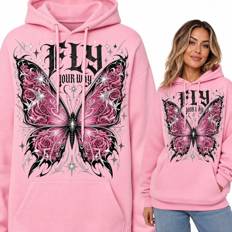 Bluza damska z kapturem - motyl z różami i gwiazdkami „Fly your way”