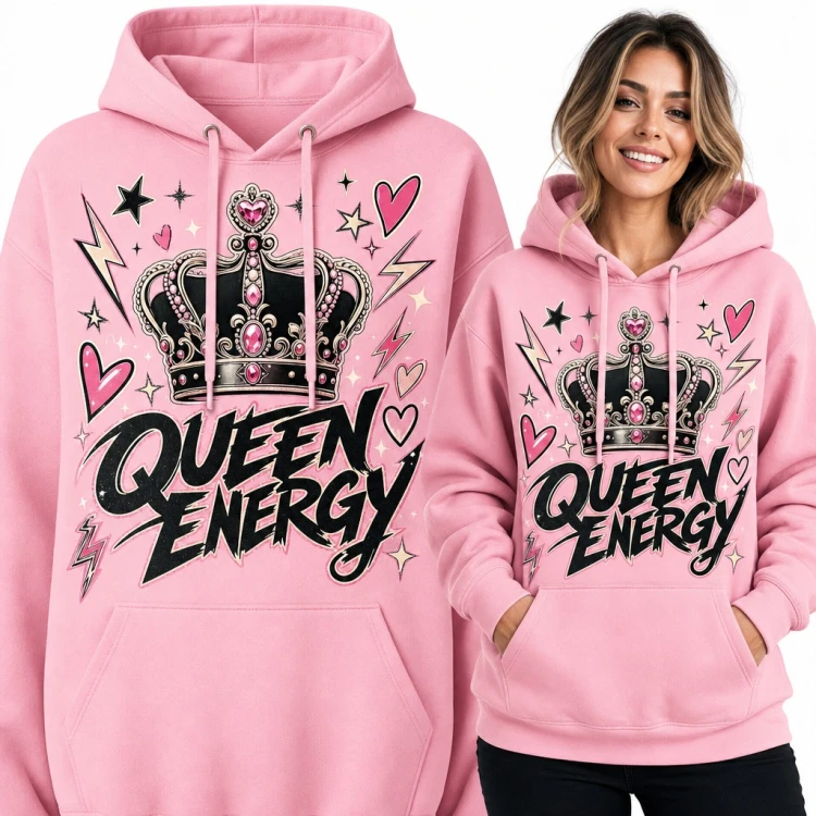 Bluza damska z kapturem „Queen Energy” - czarna korona z różowymi klejnotami