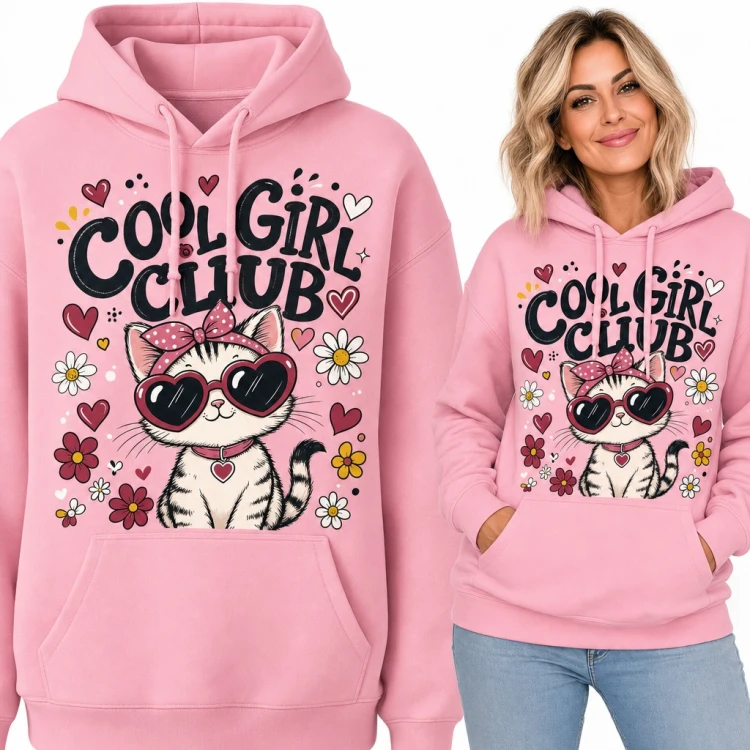 Bluza damska z kapturem - kotek w okularach serduszkach „Cool Girl Club”