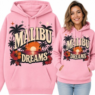 Bluza damska z kapturem „Malibu Dreams” - retro zachód słońca, palmy i hibiskus