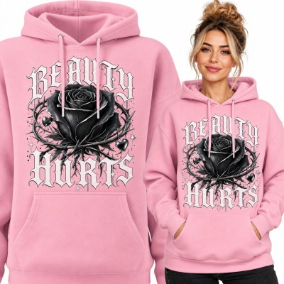 Bluza damska z kapturem - „Beauty hurts” z czarną różą w cierniach