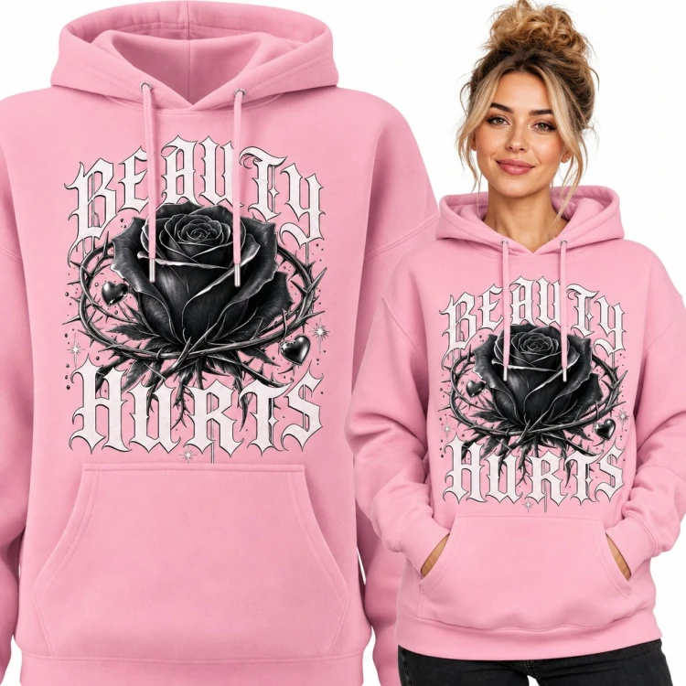 Bluza damska z kapturem - „Beauty hurts” z czarną różą w cierniach