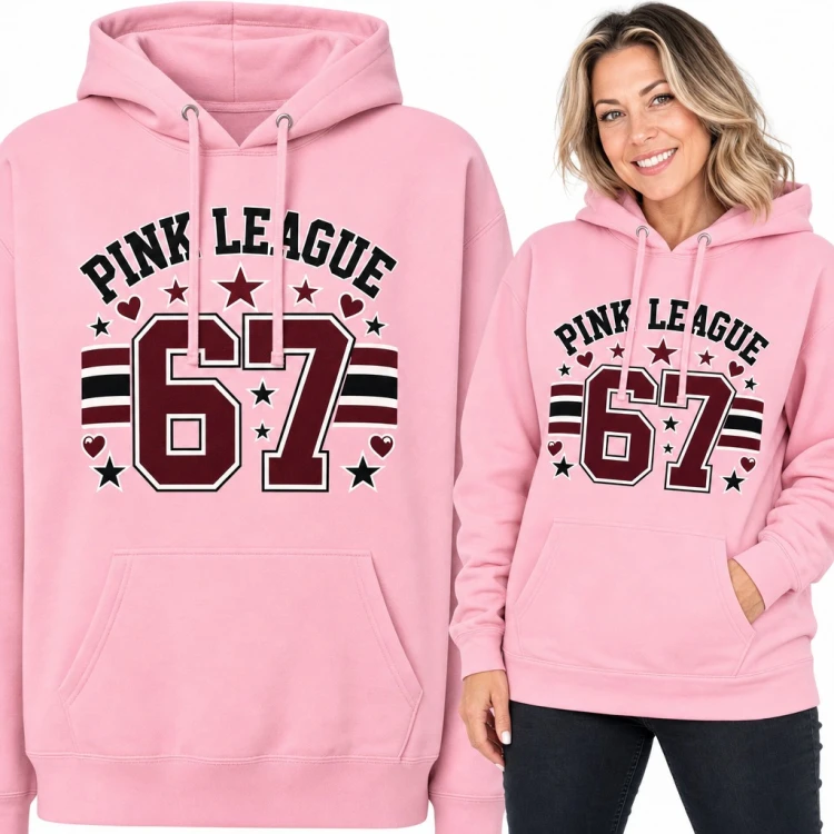 Bluza damska z kapturem - „Pink League 67” w stylu varsity z serduszkami