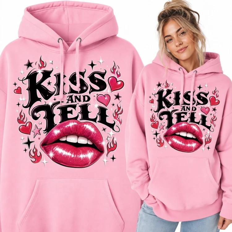 Bluza damska z kapturem „Kiss and Tell” - błyszczące usta, serca i płomienie