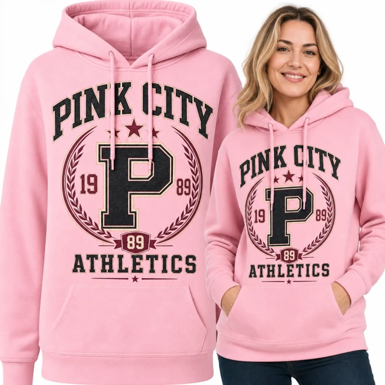Bluza damska z kapturem „Pink City Athletics” - varsity emblemat z literą P i laurem 1989