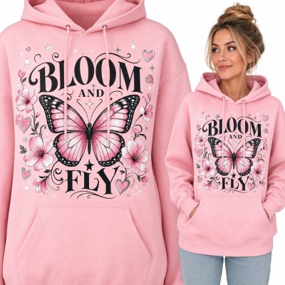 Bluza damska z kapturem - motyl wśród kwiatów wiśni „Bloom and fly”