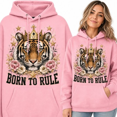 Bluza damska z kapturem - tygrys w złotej koronie i piwoniach „Born to rule”