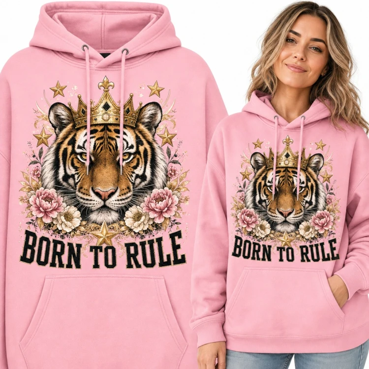 Bluza damska z kapturem - tygrys w złotej koronie i piwoniach „Born to rule”