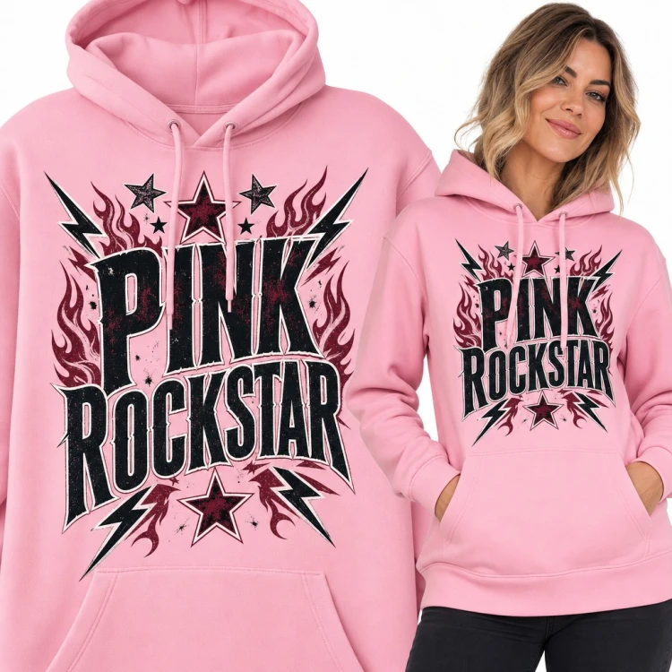 Bluza damska z kapturem „Pink Rockstar” - rockowy napis z gwiazdami i błyskawicami