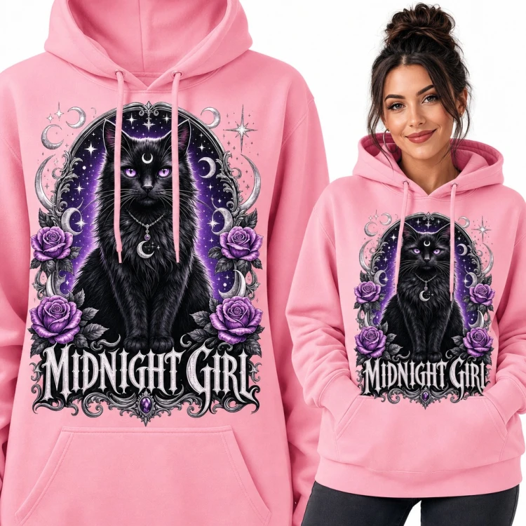 Bluza damska z kapturem - czarny kot z księżycem i fioletowymi różami „Midnight Girl”