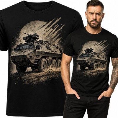 Koszulka męska z kołowym transporterem opancerzonym - militarny wzór retro
