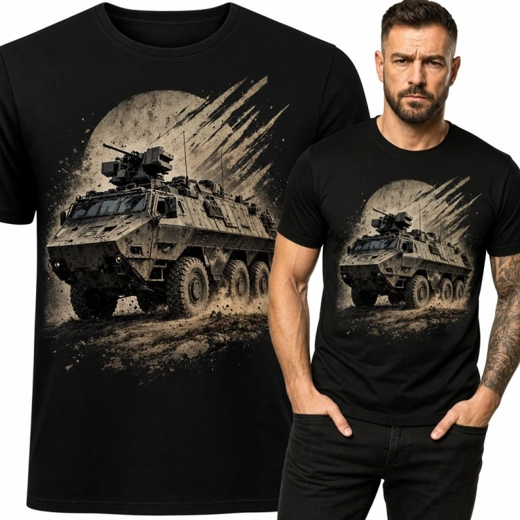 Koszulka męska z kołowym transporterem opancerzonym - militarny wzór retro