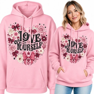 Bluza damska z kapturem - serce z róż i kokard „Love yourself”