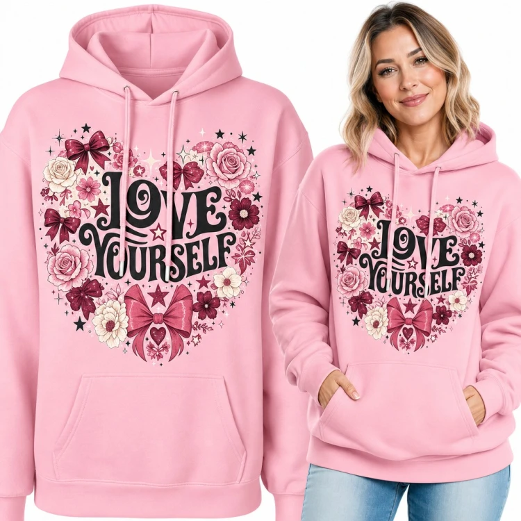 Bluza damska z kapturem - serce z róż i kokard „Love yourself”