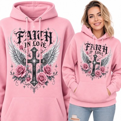 Bluza damska z kapturem - gotycki krzyż ze skrzydłami anioła i różami „Faith in love”