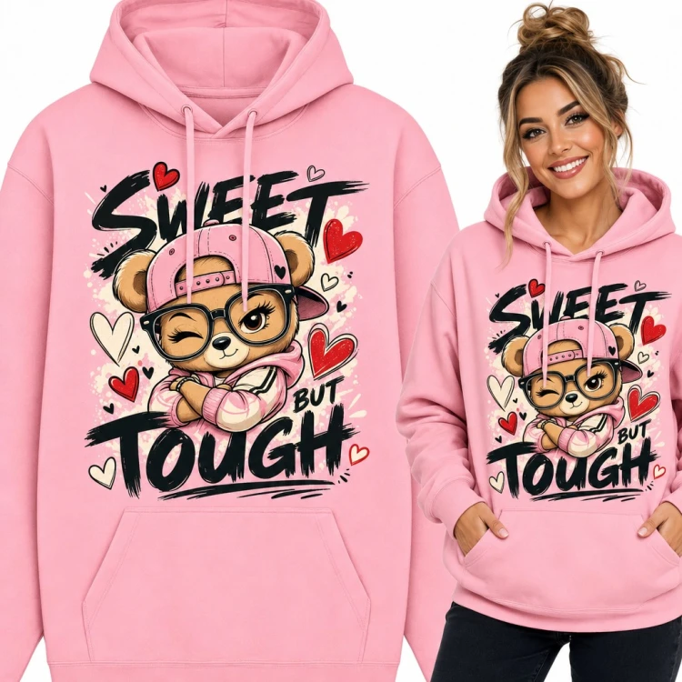 Bluza damska z kapturem „Sweet but tough” - miś w okularach z sercami