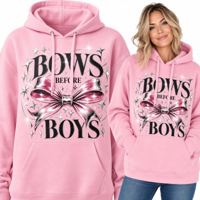 Bluza damska z kapturem - „Bows before boys” z błyszczącą różową kokardą